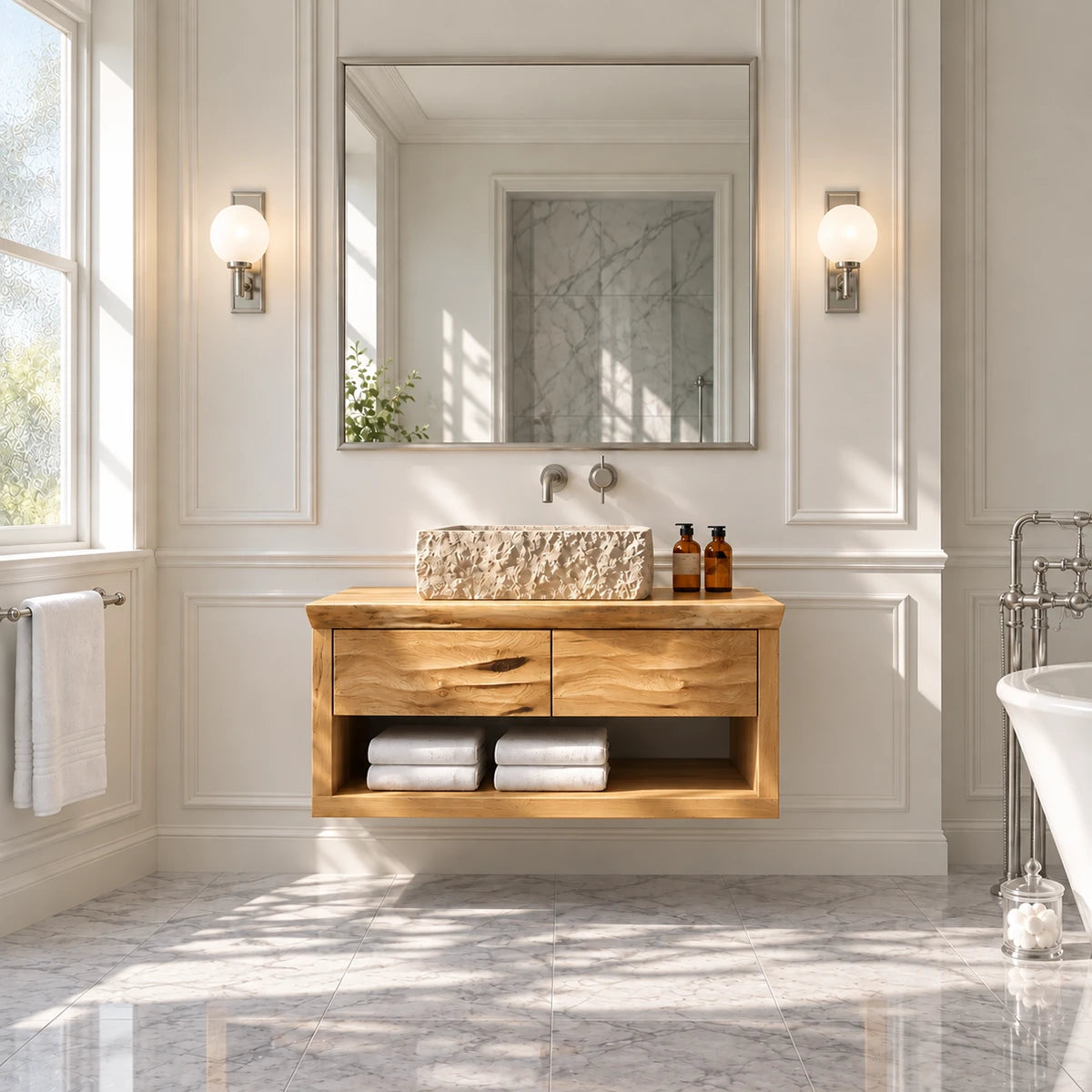 Sleek bathroom storage vanity in natural solid wood with floating profile and sink