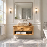 Sleek bathroom storage vanity in natural solid wood with floating profile and sink