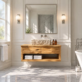 Designer vessel sink vanity in natural solid wood with two drawers and shelf