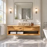 Space saving floating bathroom cabinet in natural solid wood with open storage