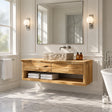 Floating bathroom vanity in natural solid wood with vessel sink and open shelf storage