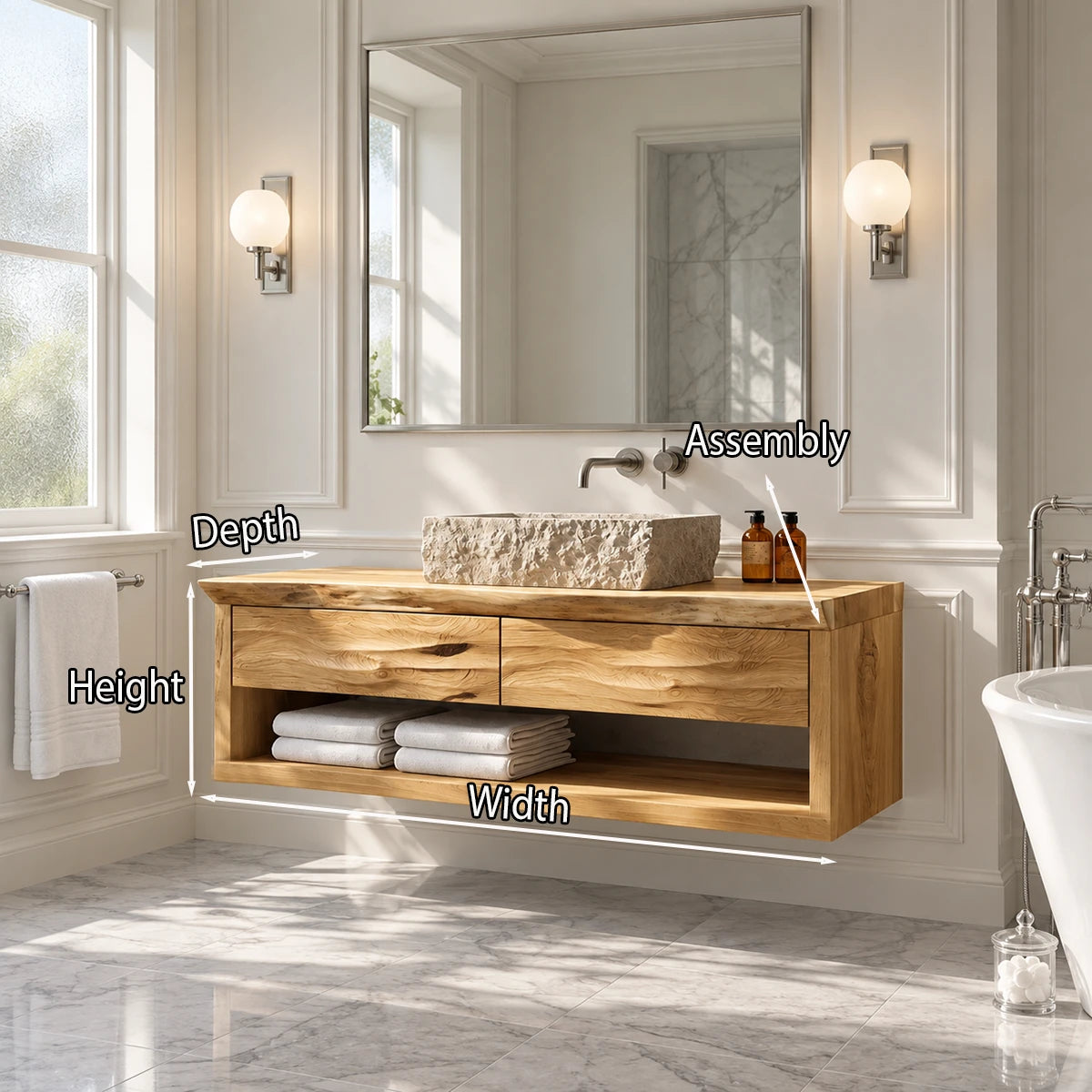 Refined powder room vanity in natural solid wood with open shelf and clean lines