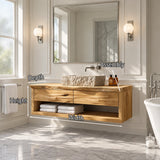 Refined powder room vanity in natural solid wood with open shelf and clean lines