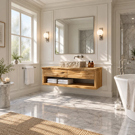 Modern wall mounted vanity in natural solid wood with two drawers and stone basin