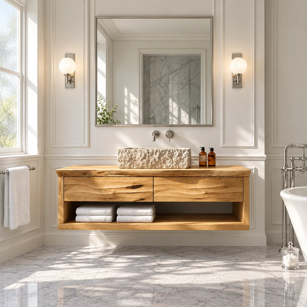 Elegant bathroom vanity in natural solid wood with open shelf and vessel sink top