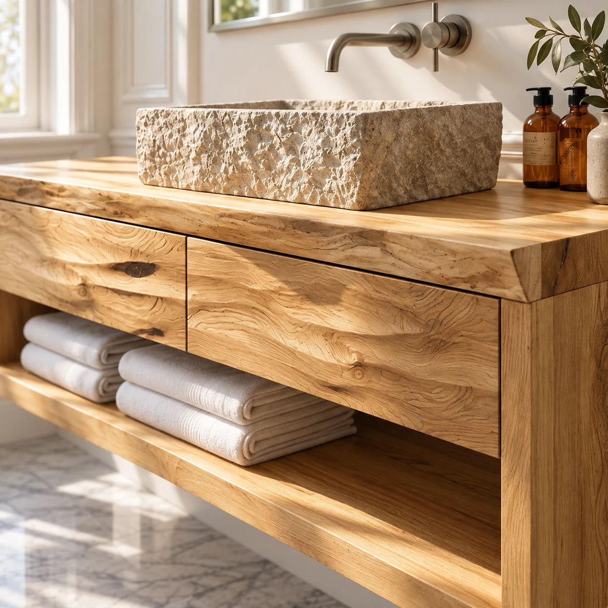 Single sink vanity in natural solid wood with floating design and towel shelf below