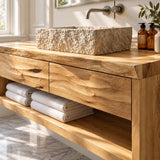 Single sink vanity in natural solid wood with floating design and towel shelf below