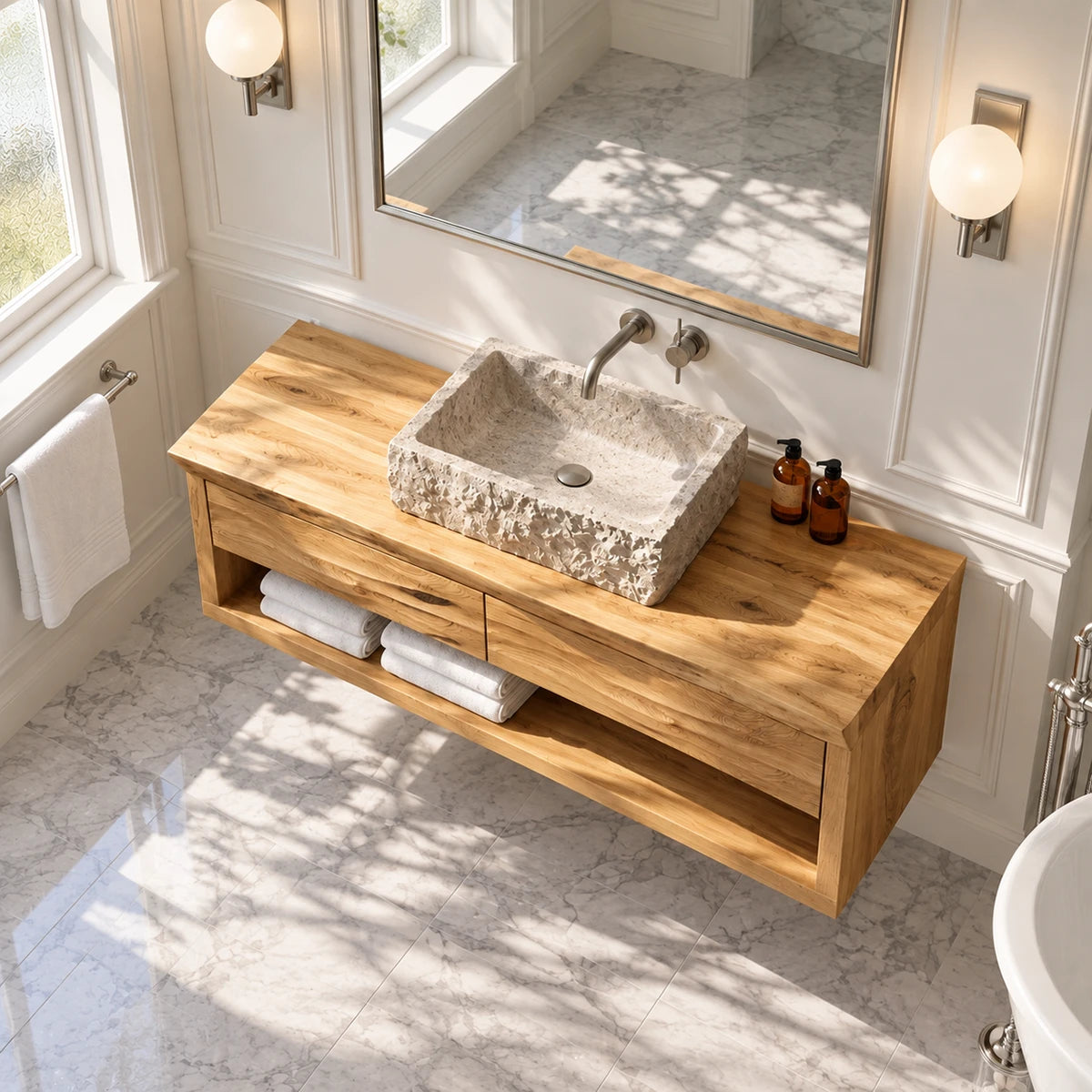 Contemporary bath vanity in natural solid wood with drawers and sculpted basin