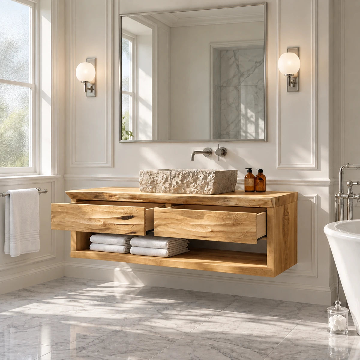Minimalist bathroom sink cabinet in natural solid wood with open lower storage