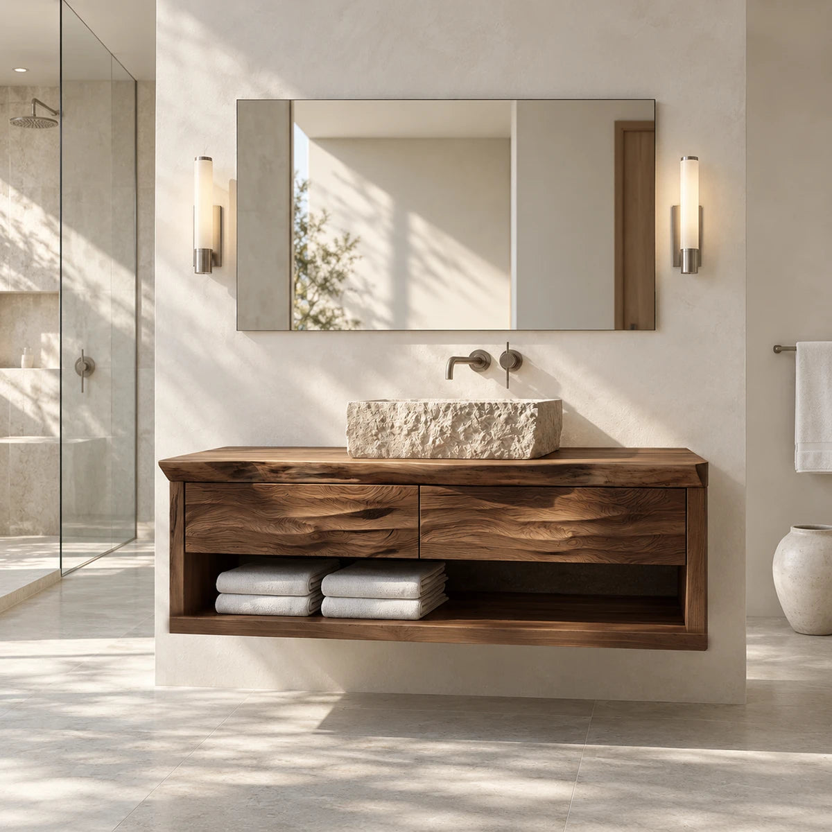 Stylish floating vanity in natural solid wood with rectangular vessel sink above