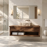 Stylish floating vanity in natural solid wood with rectangular vessel sink above