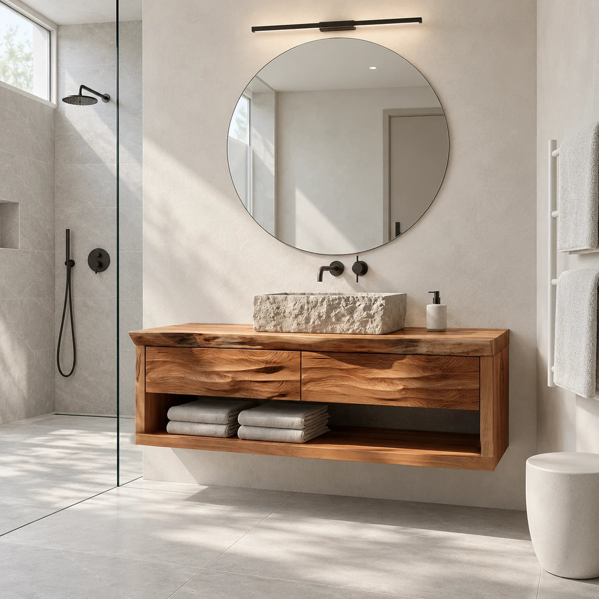 Wall hung bathroom cabinet in natural solid wood with storage shelf and drawers