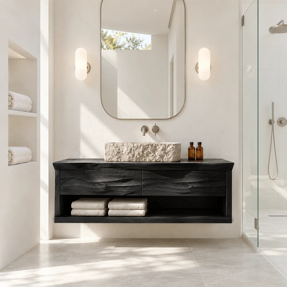 Bright vanity unit in natural solid wood with vessel sink and clean modern lines
