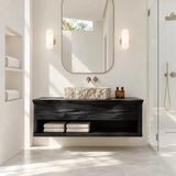 Bright vanity unit in natural solid wood with vessel sink and clean modern lines