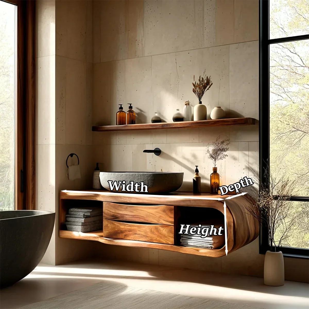 Floating Bathroom Vanity Natural Solid Wood With Curved Frame Drawer - Arboriswood - 13