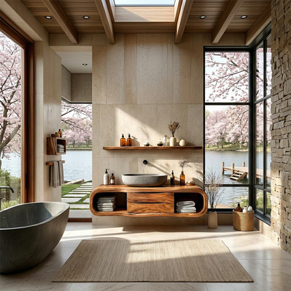 Floating Bathroom Vanity Natural Solid Wood With Curved Frame Drawer - ArborisWood - 4