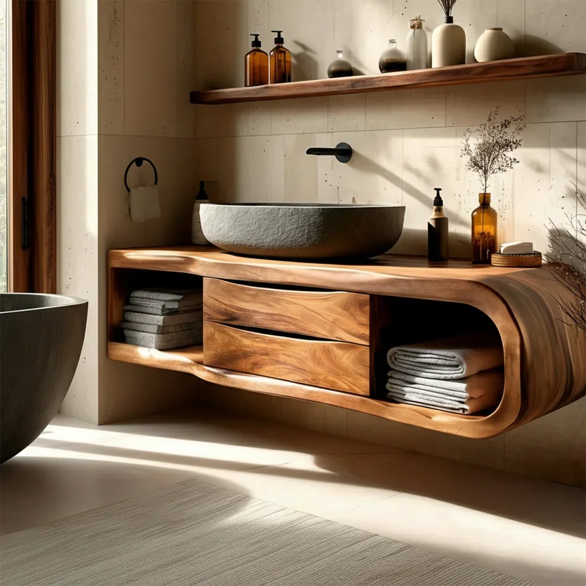 Floating Bathroom Vanity Natural Solid Wood With Curved Frame Drawer - Arboriswood - 5