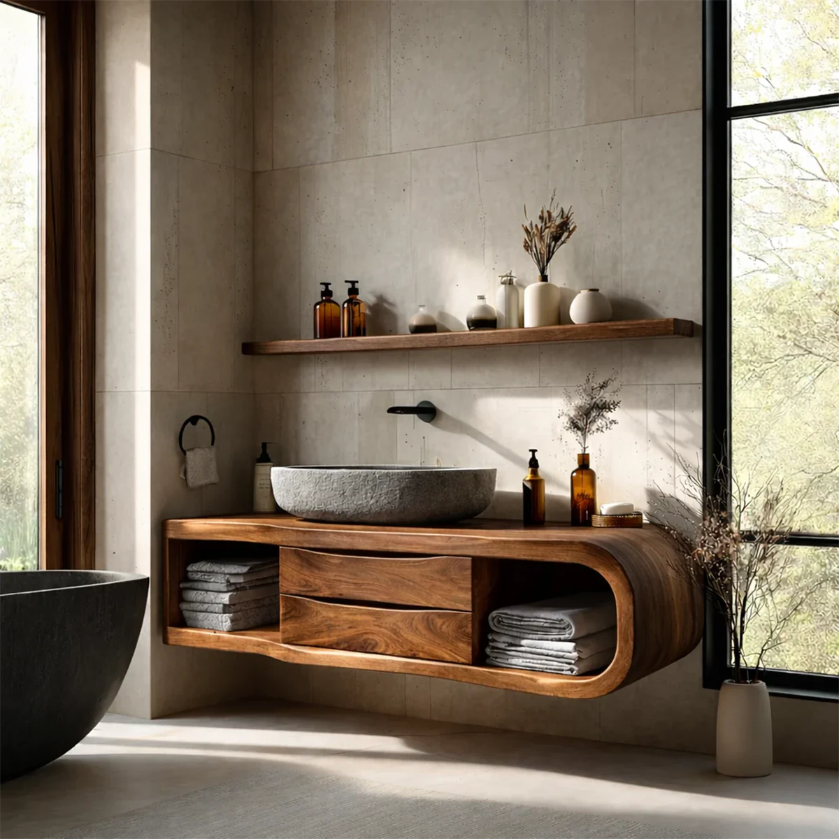 Floating Bathroom Vanity Natural Solid Wood With Curved Frame Drawer - ArborisWood - 9