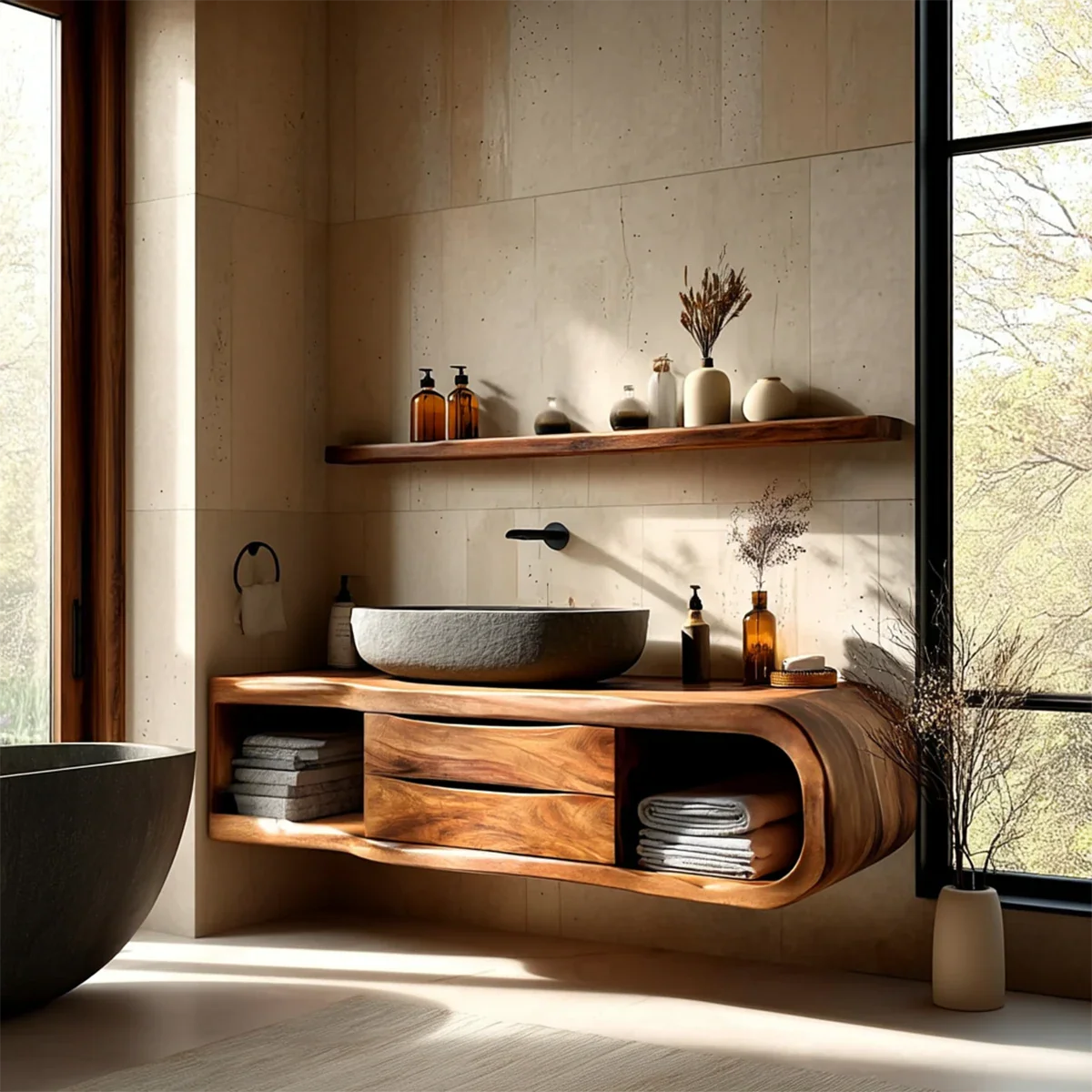 Floating Bathroom Vanity Natural Solid Wood With Curved Frame Drawer - ArborisWood