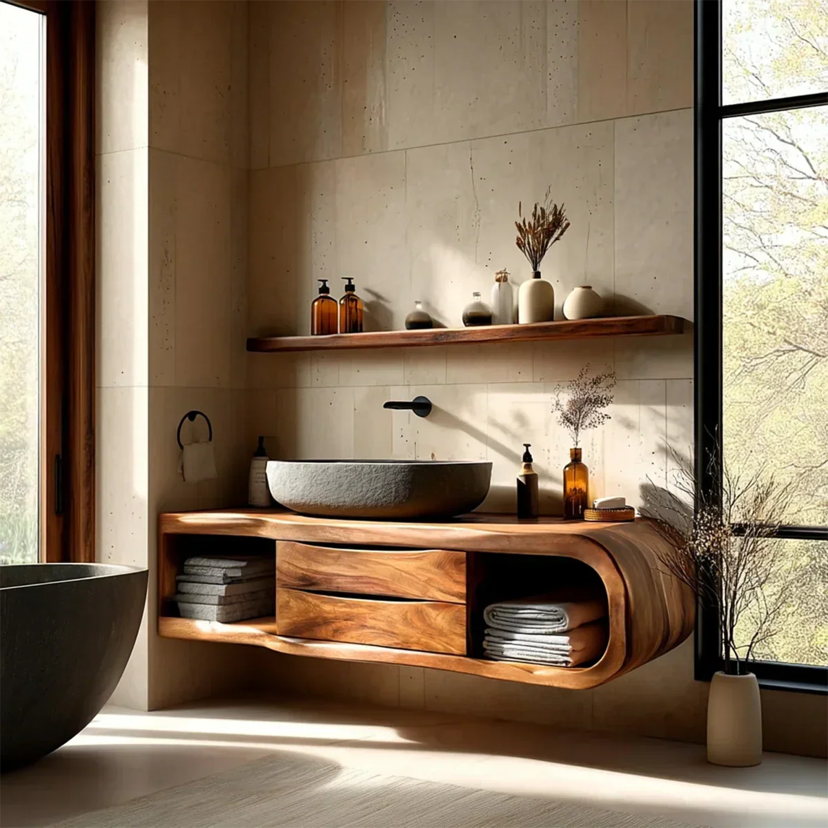 Floating Bathroom Vanity Natural Solid Wood With Curved Frame Drawer - Arboriswood