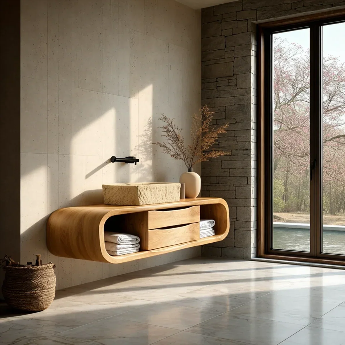 Floating Bathroom Vanity Natural Solid Wood With Curved Frame Storage - Arboriswood - 10