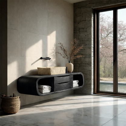 Floating Bathroom Vanity Natural Solid Wood With Curved Frame Storage - ArborisWood - 11