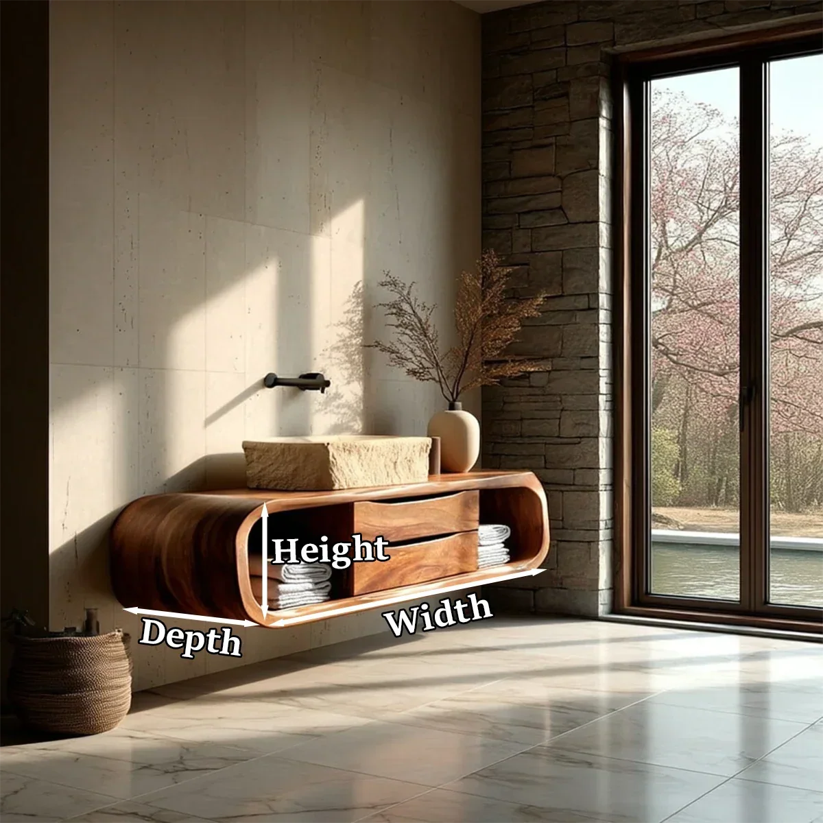 Floating Bathroom Vanity Natural Solid Wood With Curved Frame Storage - Arboriswood - 13