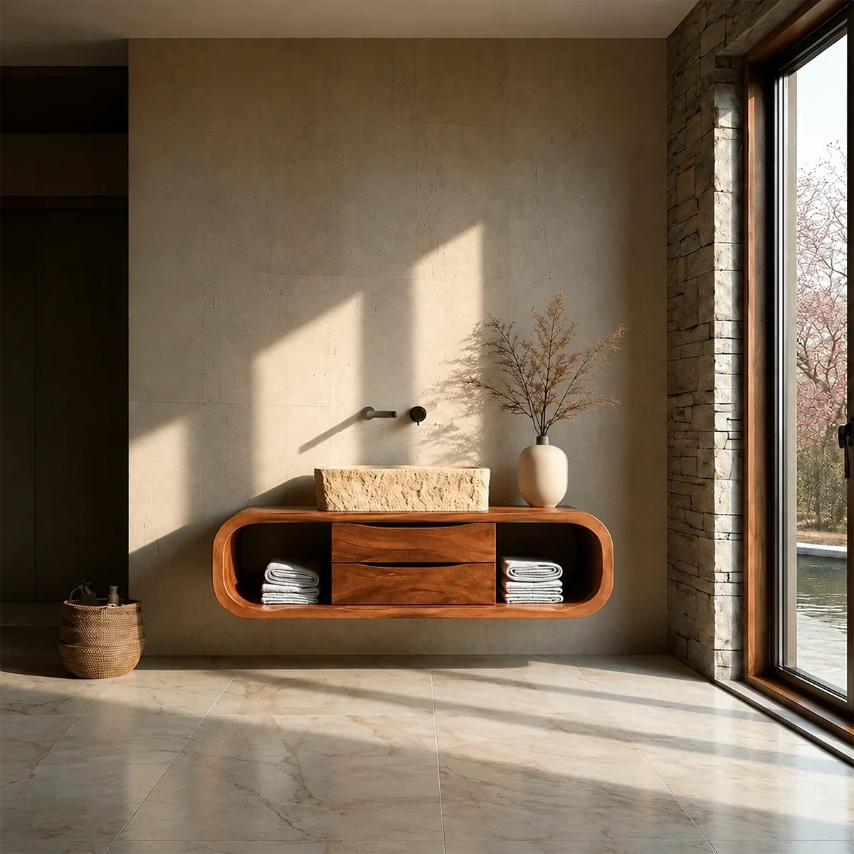 Floating Bathroom Vanity Natural Solid Wood With Curved Frame Storage - Arboriswood - 15