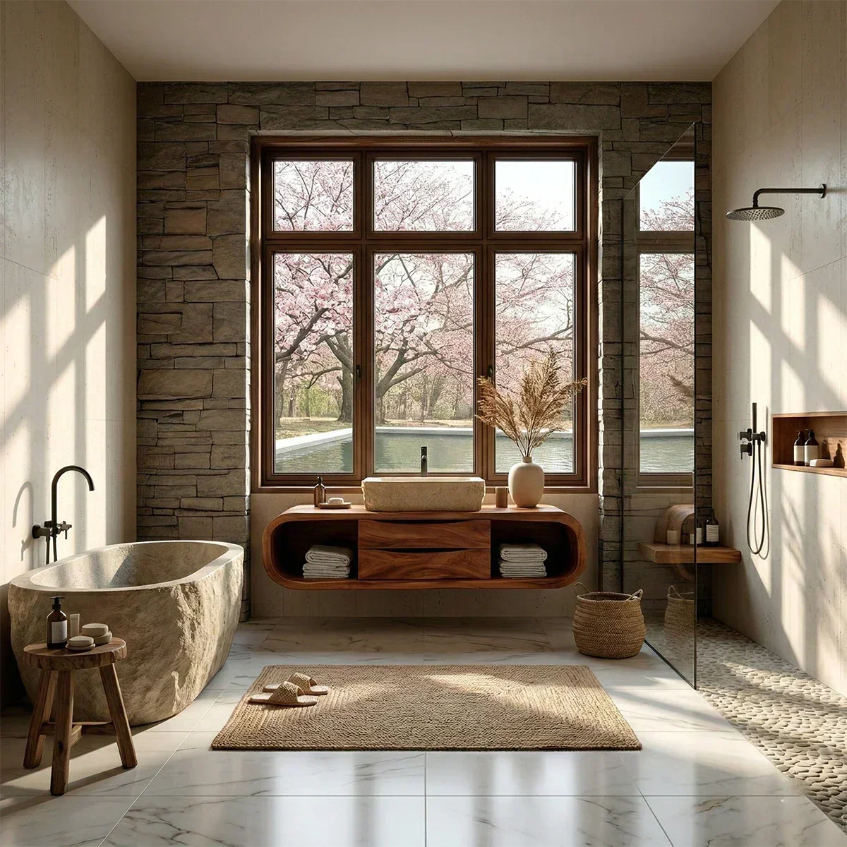 Floating Bathroom Vanity Natural Solid Wood With Curved Frame Storage - Arboriswood - 4