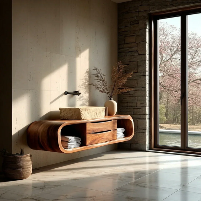 Floating Bathroom Vanity Natural Solid Wood With Curved Frame Storage - Arboriswood