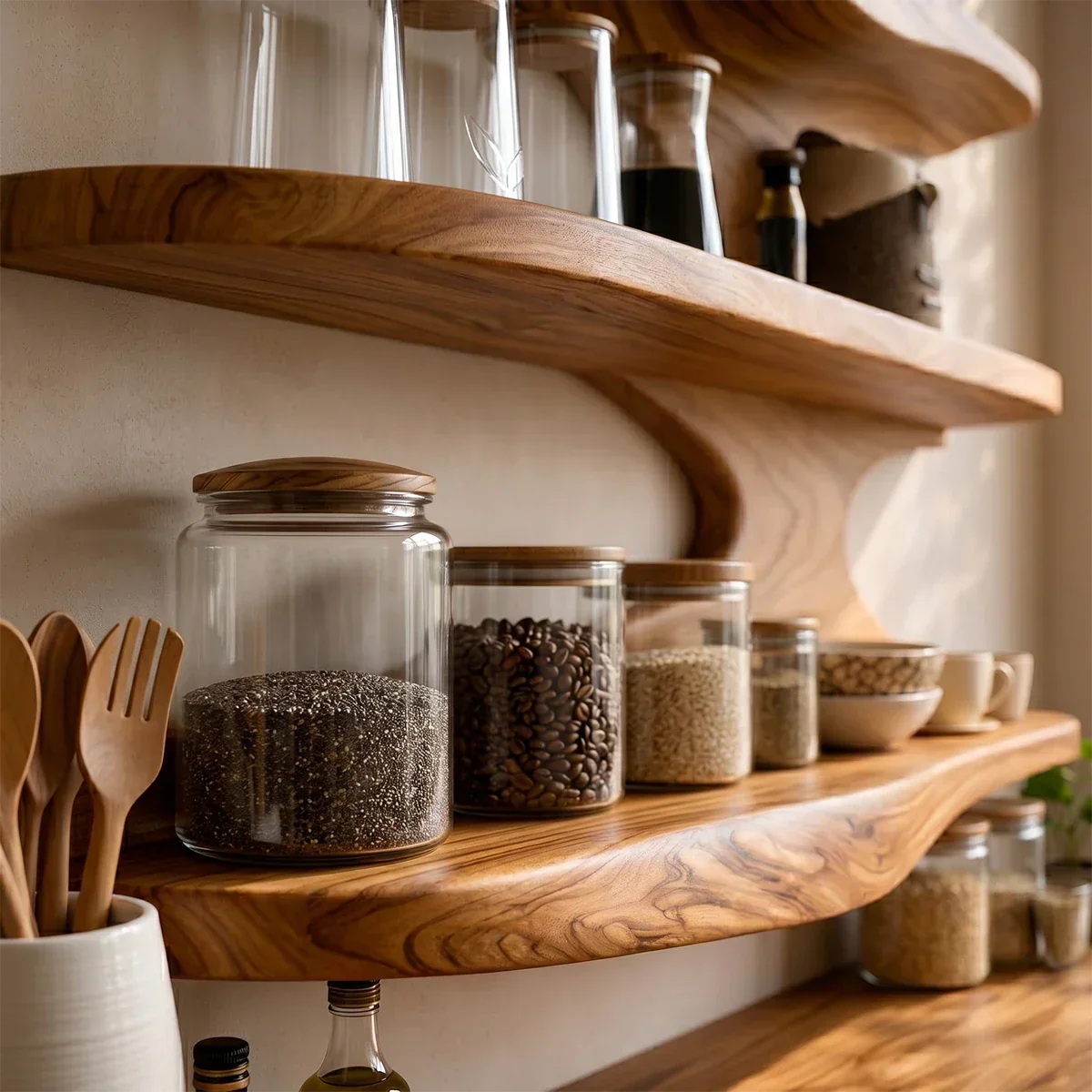 Floating Kitchen Wall Shelves in Natural Wood with Layered Open Storage - Arboriswood - 4