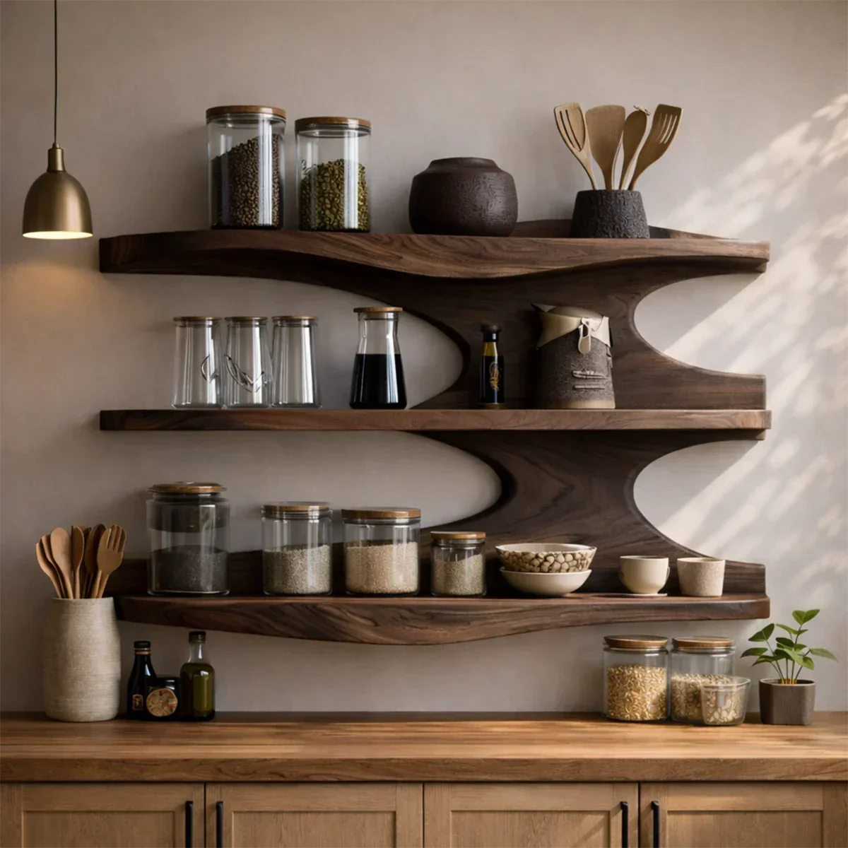 Floating Kitchen Wall Shelves in Natural Wood with Layered Open Storage - Arboriswood - 5