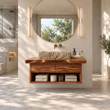 Handcrafted bathroom vanity in natural solid wood with bold floating profile design