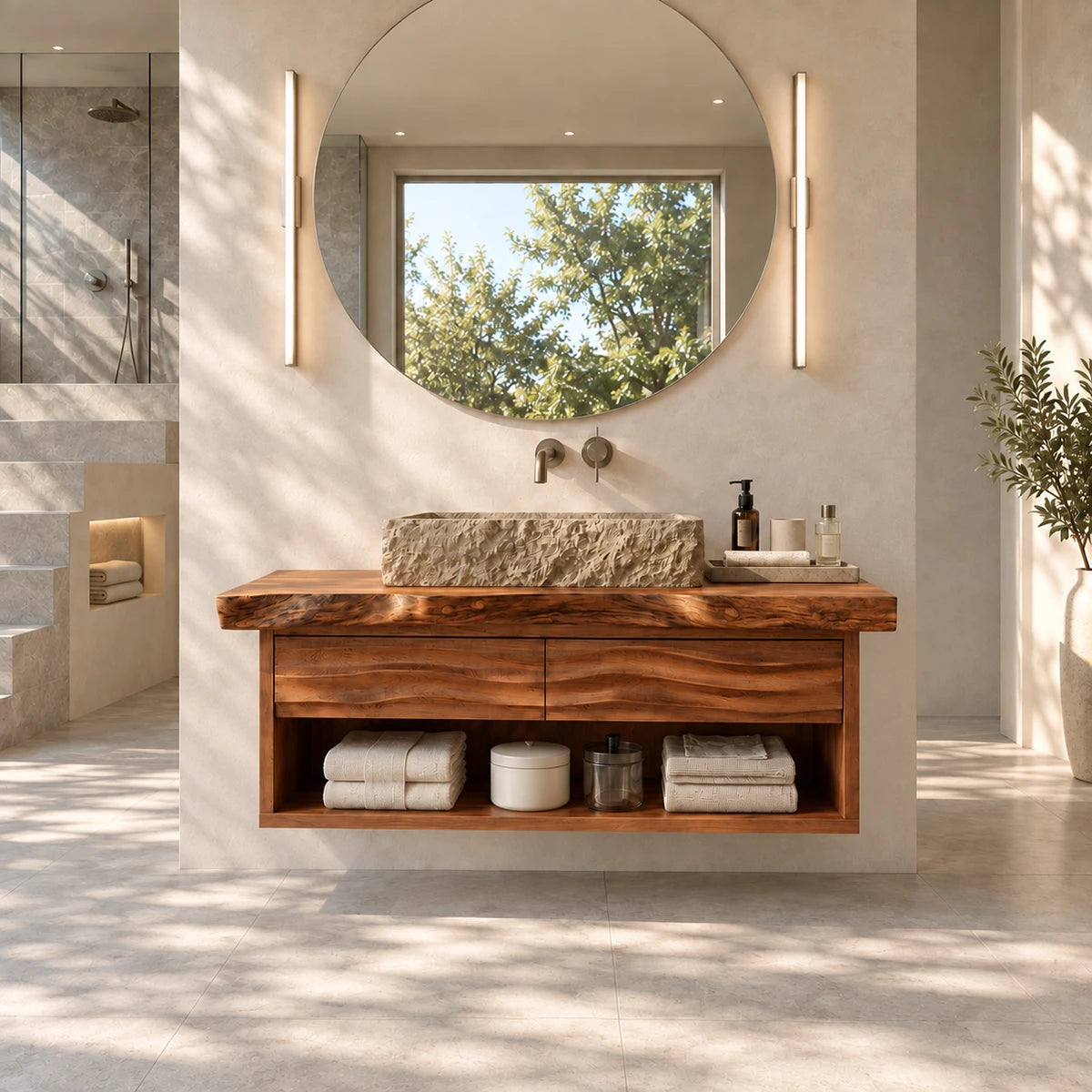 Contemporary vanity unit in natural solid wood with drawer front texture detail work