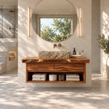 Contemporary vanity unit in natural solid wood with drawer front texture detail work