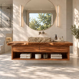 Luxury bathroom vanity in natural solid wood with open shelf and soft curves throughout