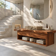 Floating bathroom vanity in natural solid wood with two drawers and open shelf storage