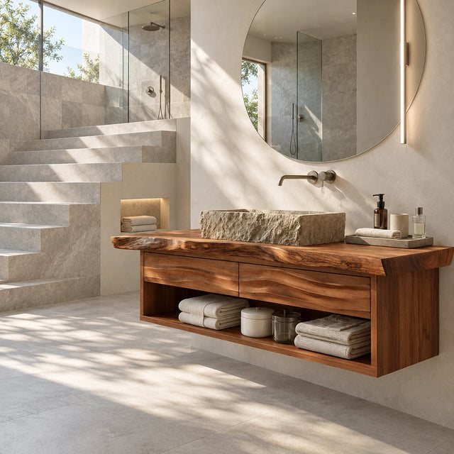 Floating bathroom vanity in natural solid wood with two drawers and open shelf storage