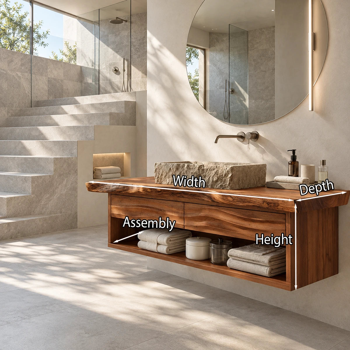 Statement bath console in natural solid wood with open shelf and drawer storage space