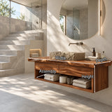 Statement bath console in natural solid wood with open shelf and drawer storage space