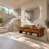 Organic modern bath vanity in natural solid wood with sculpted drawers below design