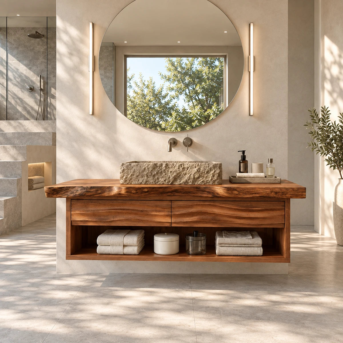 Architectural wall mounted vanity in natural solid wood with open shelf storage detail