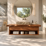 Architectural wall mounted vanity in natural solid wood with open shelf storage detail