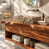 Sculptural bathroom vanity in natural solid wood with live edge top presence design