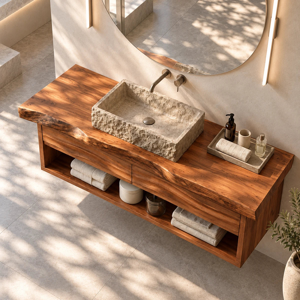 Resort style bath vanity in natural solid wood with layered shelf organization below