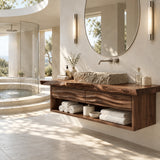 Clean lined bathroom vanity in natural solid wood with open cubby storage base design