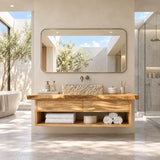 Furniture style bath vanity in natural solid wood with thick slab top appeal overall