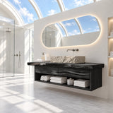 Minimalist bathroom vanity in natural solid wood with warm grain and drawers below