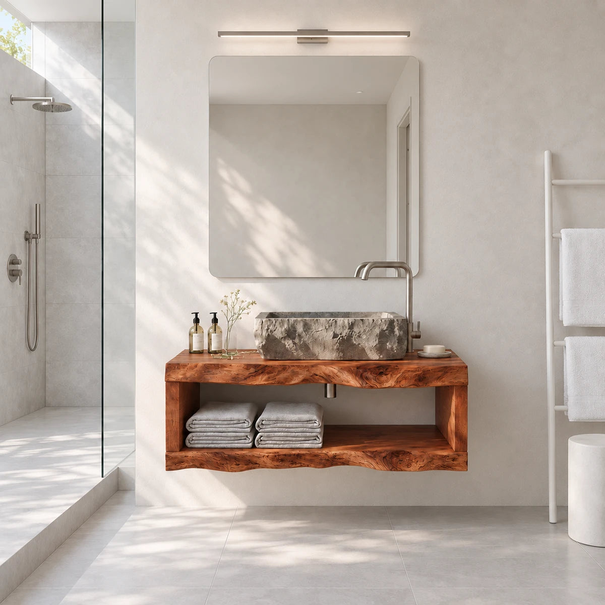 Designer sink vanity in natural solid wood with open lower shelf and floating profile