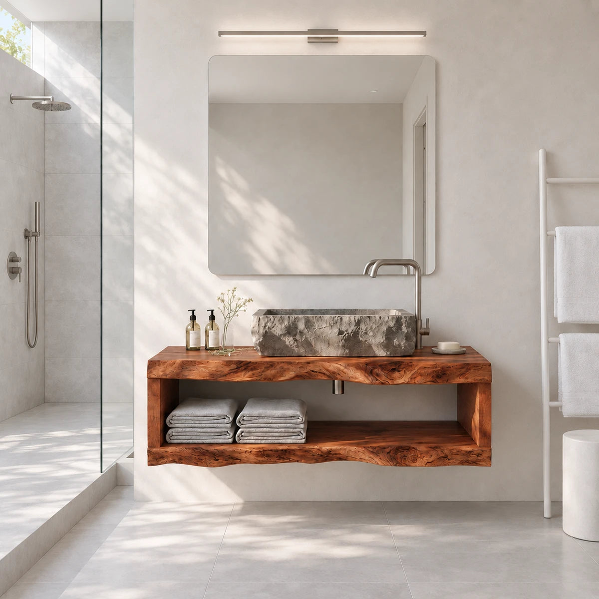 Space saving bathroom vanity in natural solid wood with vessel sink and towel shelf